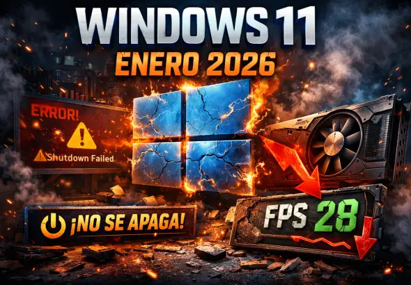 Ilustración de Windows 11 enero 2026 mostrando error de apagado y caída de FPS en GPUs NVIDIA tras actualización Patch Tuesday