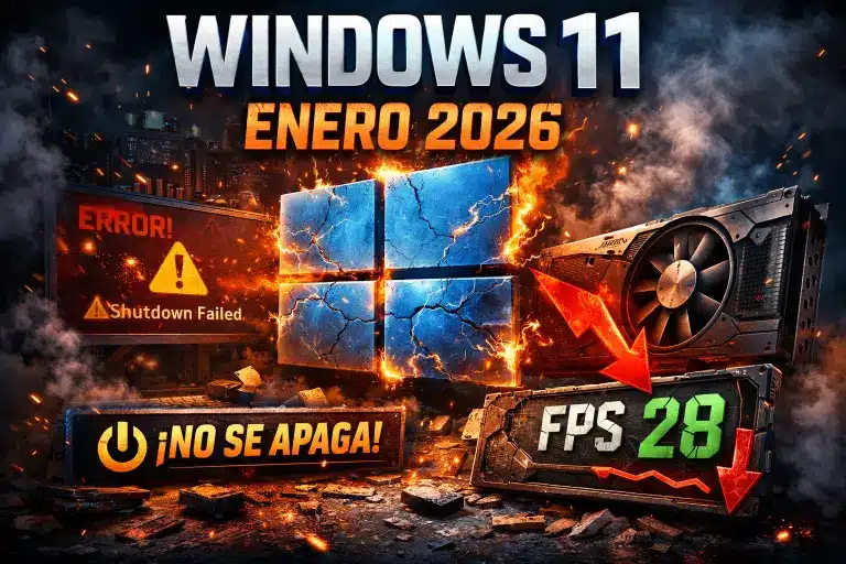 Ilustración de Windows 11 enero 2026 mostrando error de apagado y caída de FPS en GPUs NVIDIA tras actualización Patch Tuesday