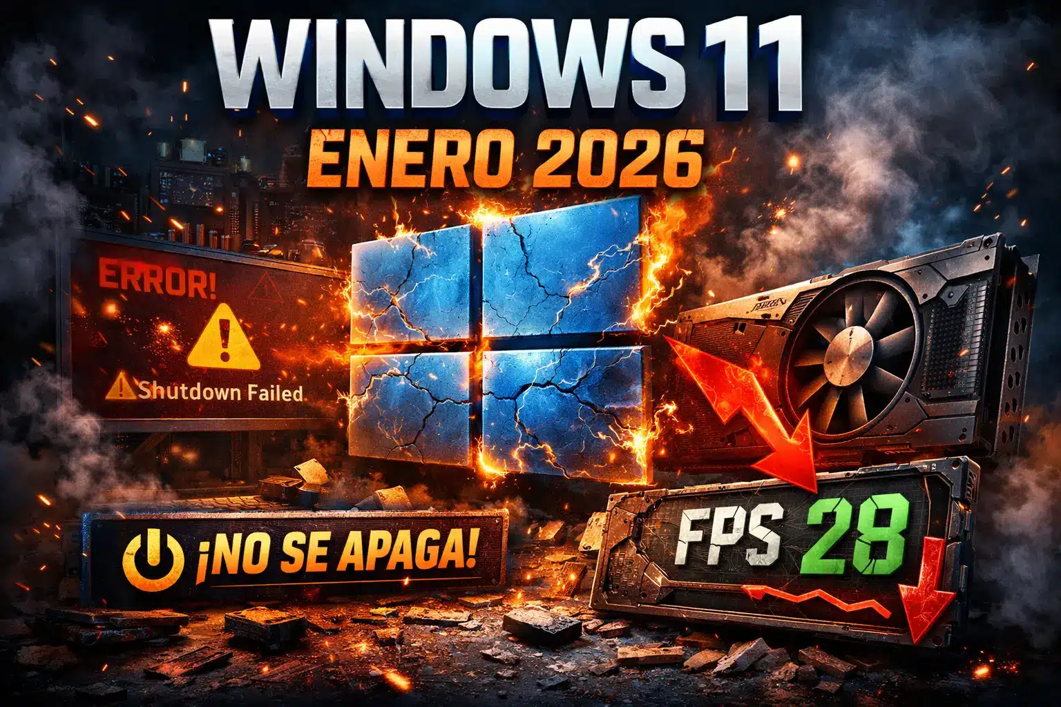 Ilustración de Windows 11 enero 2026 mostrando error de apagado y caída de FPS en GPUs NVIDIA tras actualización Patch Tuesday