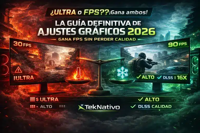 Guía Definitiva de Ajustes Gráficos 2026: Gana FPS Sin Perder Calidad 17 Ilustración comparativa de ajustes gráficos Ultra vs FPS en videojuegos, mostrando 30 FPS en rojo y 90 FPS en verde, con balance entre calidad visual y rendimiento.