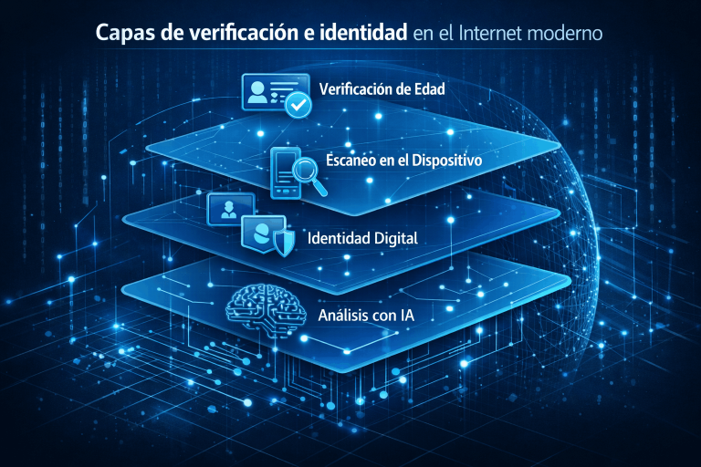 Diagrama en capas que representa identidad digital, verificación de edad, escaneo en el dispositivo y análisis con IA dentro de la arquitectura del Internet moderno.