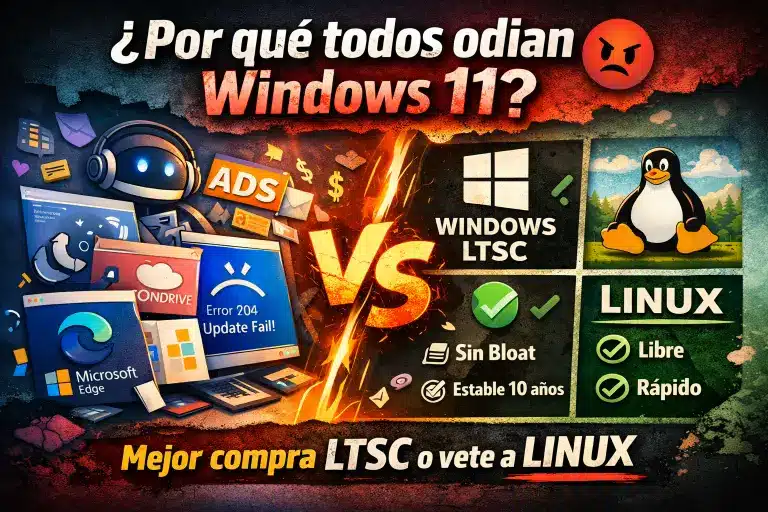Ilustración comparativa mostrando Windows 11 con bloat, anuncios y errores frente a Windows LTSC y Linux como alternativas más estables.