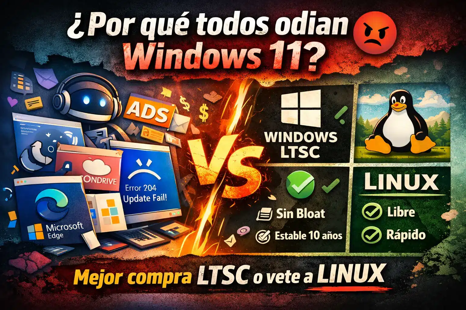 Ilustración comparativa mostrando Windows 11 con bloat, anuncios y errores frente a Windows LTSC y Linux como alternativas más estables.
