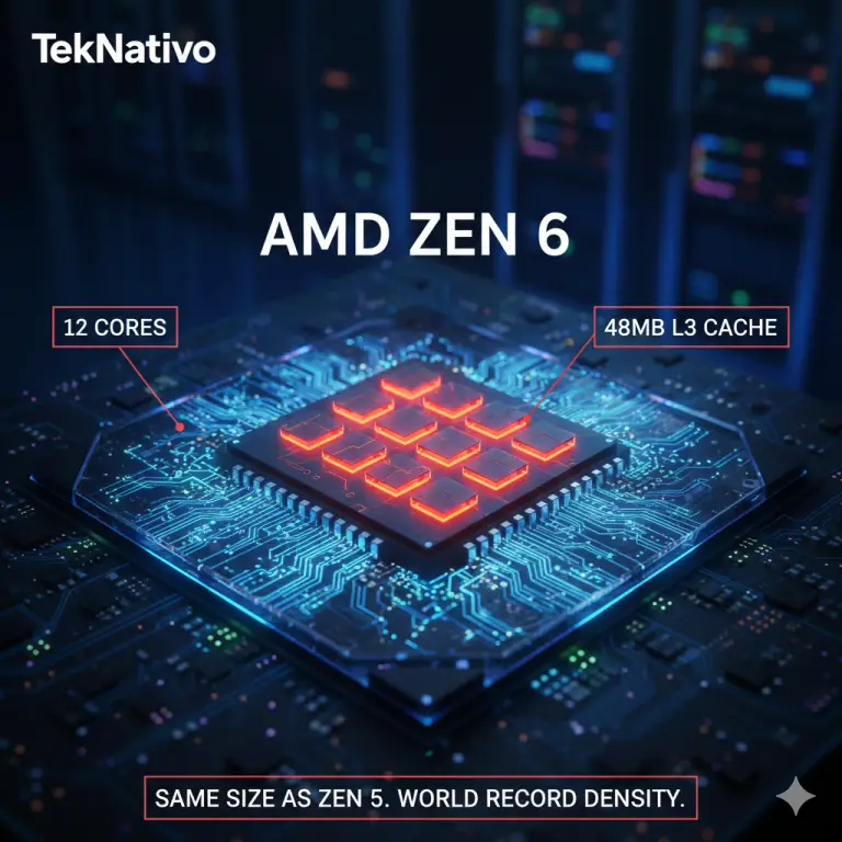 AMD Zen 6: Más núcleos en el mismo espacio, ¿Magia o ingeniería extrema? 20 Diagrama conceptual de un procesador AMD Ryzen Zen 6 mostrando un chiplet con 12 núcleos y arquitectura de caché ampliada.