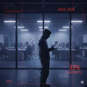 Gráfico conceptual de una silueta de desarrollador de videojuegos desvaneciéndose frente a una oficina de estudio de juegos, simbolizando la crisis de despidos.