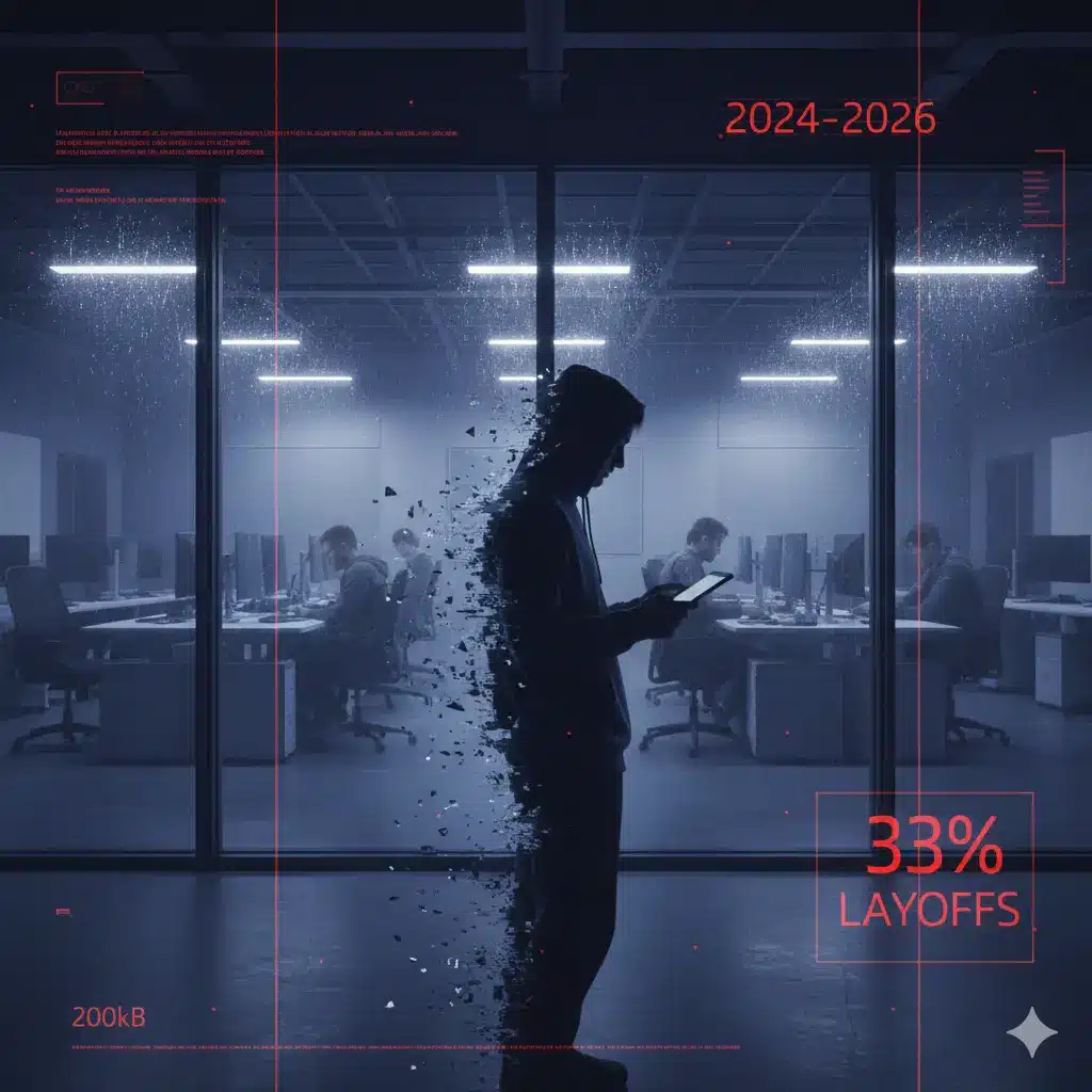 Gráfico conceptual de una silueta de desarrollador de videojuegos desvaneciéndose frente a una oficina de estudio de juegos, simbolizando la crisis de despidos.