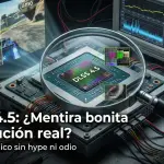 Chip gráfico NVIDIA bajo microscopio digital mostrando comparación de arquitectura DLSS 4.5 contra renderizado nativo y núcleos Tensor en laboratorio de pruebas.