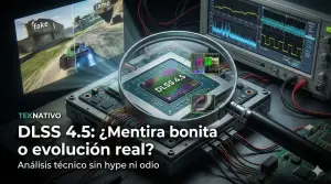 Chip gráfico NVIDIA bajo microscopio digital mostrando comparación de arquitectura DLSS 4.5 contra renderizado nativo y núcleos Tensor en laboratorio de pruebas.