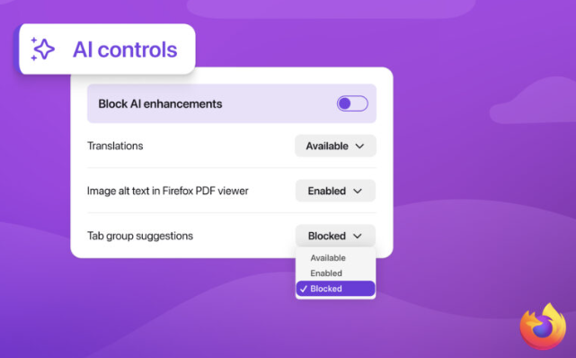Interfaz de configuración AI controls en Firefox mostrando la opción para desactivar funciones de inteligencia artificial