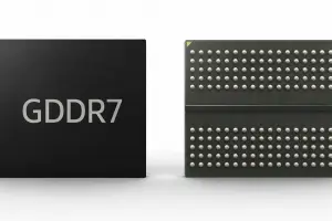 Chip de memoria GDDR7 junto a módulo con pines BGA, ilustración comparativa para GPUs 2026