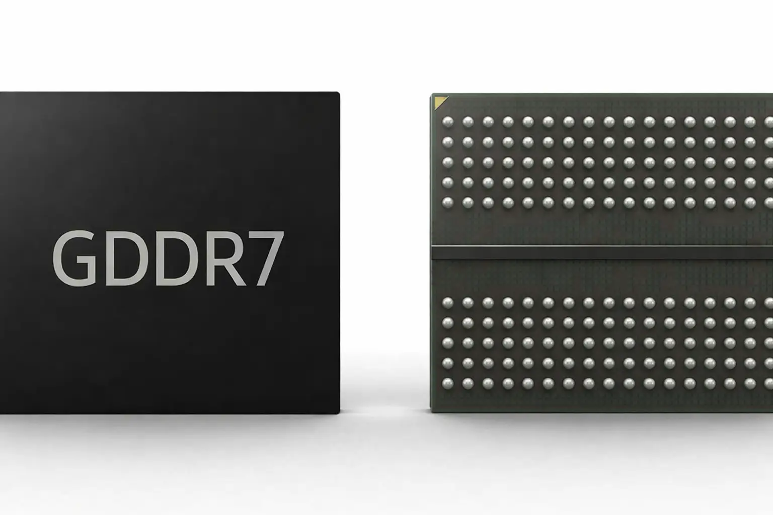 Chip de memoria GDDR7 junto a módulo con pines BGA, ilustración comparativa para GPUs 2026