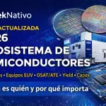 Ilustración del ecosistema de semiconductores 2026 mostrando wafer de silicio, máquina de litografía EUV y placa con chip GPU.