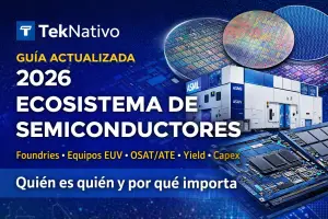 Ilustración del ecosistema de semiconductores 2026 mostrando wafer de silicio, máquina de litografía EUV y placa con chip GPU.