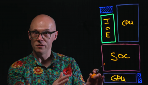 Diagrama simplificado de la arquitectura Intel Core Ultra 200S mostrando CPU tile, SOC tile y GPU tile durante explicación de overclocking