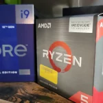 Cajas de procesadores Intel Core i9 y AMD Ryzen utilizadas como representación visual del análisis sobre las CPUs más confiables 2025 según Puget Systems