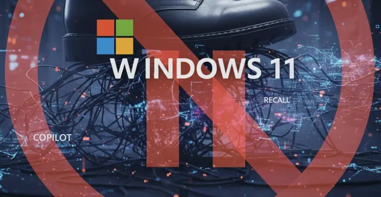 Microsoft levanta el pie del acelerador: El fin de la "IA a la fuerza" en Windows 11 21 Una bota negra pisando cables de datos con el logo de Windows 11 y un símbolo de prohibido, representando el freno a la IA forzada de Microsoft.