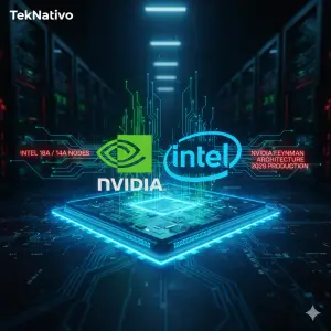 El logo de Nvidia y el logo de Intel fusionándose sobre un fondo de una oblea de silicio de alta tecnología.