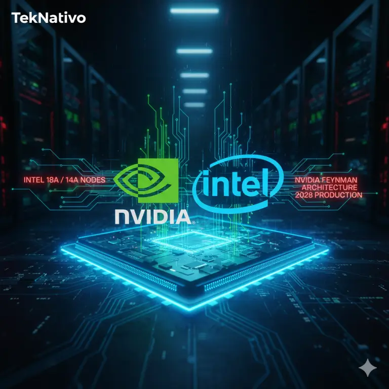 ¿Traición o supervivencia? Nvidia fabricará sus chips de 2028 con Intel 21 El logo de Nvidia y el logo de Intel fusionándose sobre un fondo de una oblea de silicio de alta tecnología.
