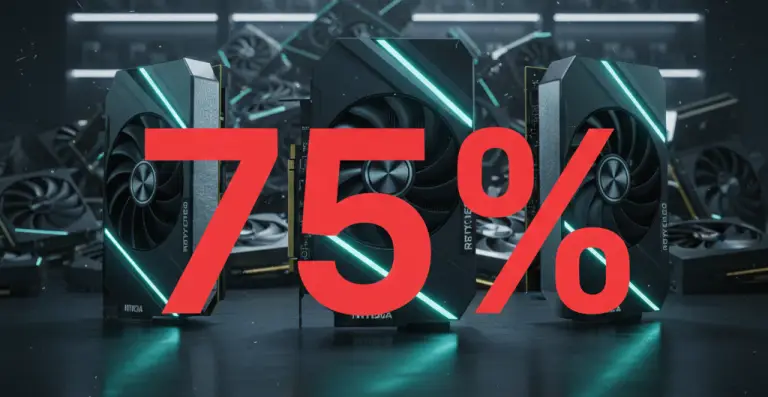 Tres tarjetas gráficas Nvidia RTX 50 destacadas, con un 75% grande y una gráfica de barras mostrando escasez en el fondo.