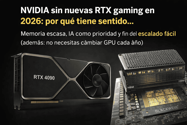 NVIDIA sin nuevas RTX gaming en 2026 ilustración con GPU y chip de memoria representando escasez y prioridad a IA