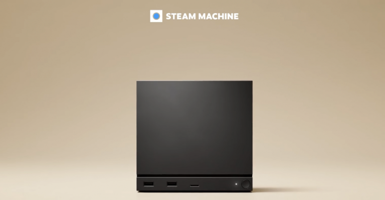 Steam Machine de Valve mostrada en imagen oficial, dispositivo de PC gaming compacto afectado por retrasos debido a la crisis de RAM en 2026