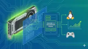 Diagrama técnico mostrando una tarjeta gráfica NVIDIA y la arquitectura de Descriptor Heaps de Vulkan 1.4, junto al logo de Linux y gráficos de rendimiento en juegos DX12.