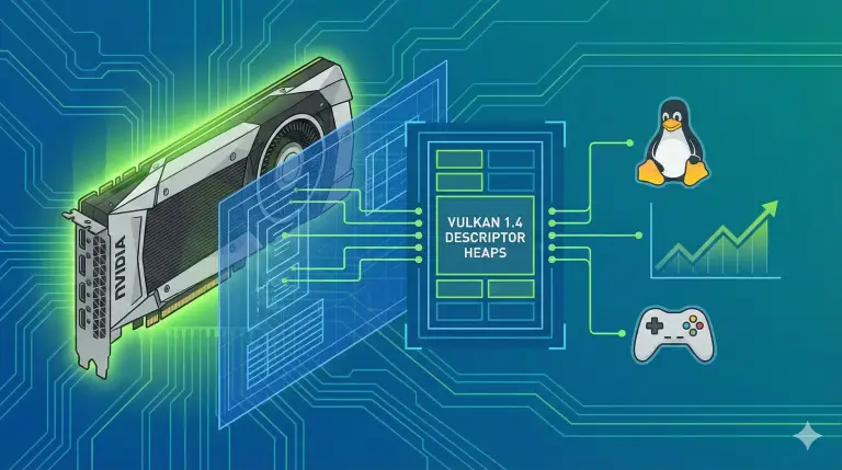 Diagrama técnico mostrando una tarjeta gráfica NVIDIA y la arquitectura de Descriptor Heaps de Vulkan 1.4, junto al logo de Linux y gráficos de rendimiento en juegos DX12.